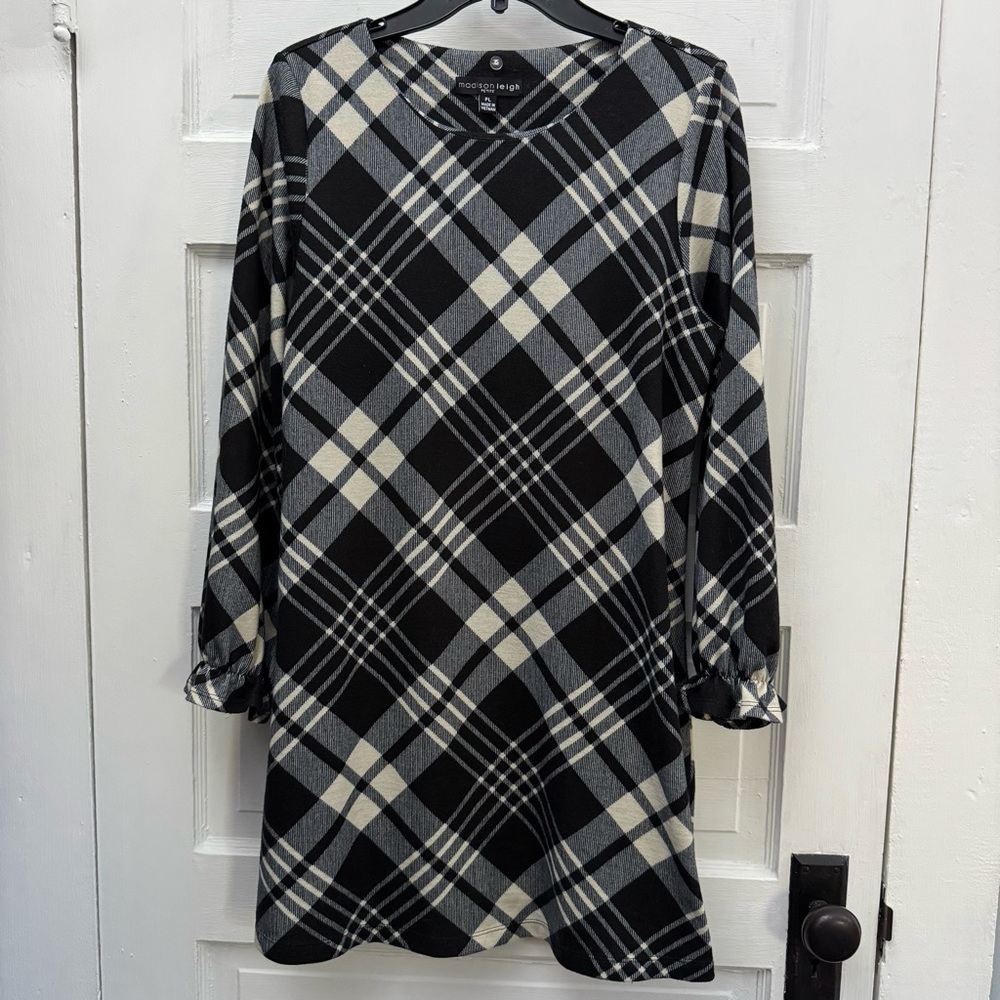 Plaid Tie Waist Shift Dress Madison Leigh Petite Womens PL Black White - Picture 5 of 10